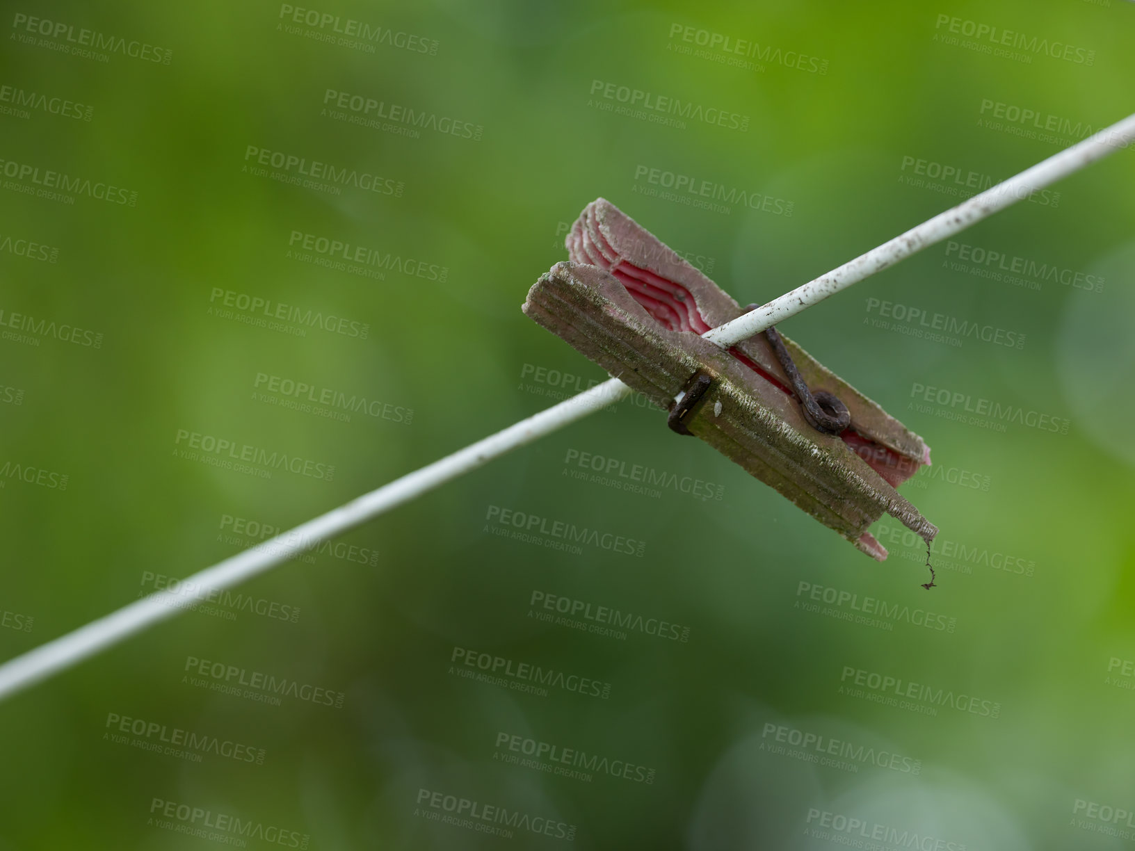 Buy stock photo Clothespin hanging on an empty laundry line outside in a garden. A clothing pin is a useful tool to hang up clothes outside to dry and symbolizes housework and chores. One hanging wooden clothespin 