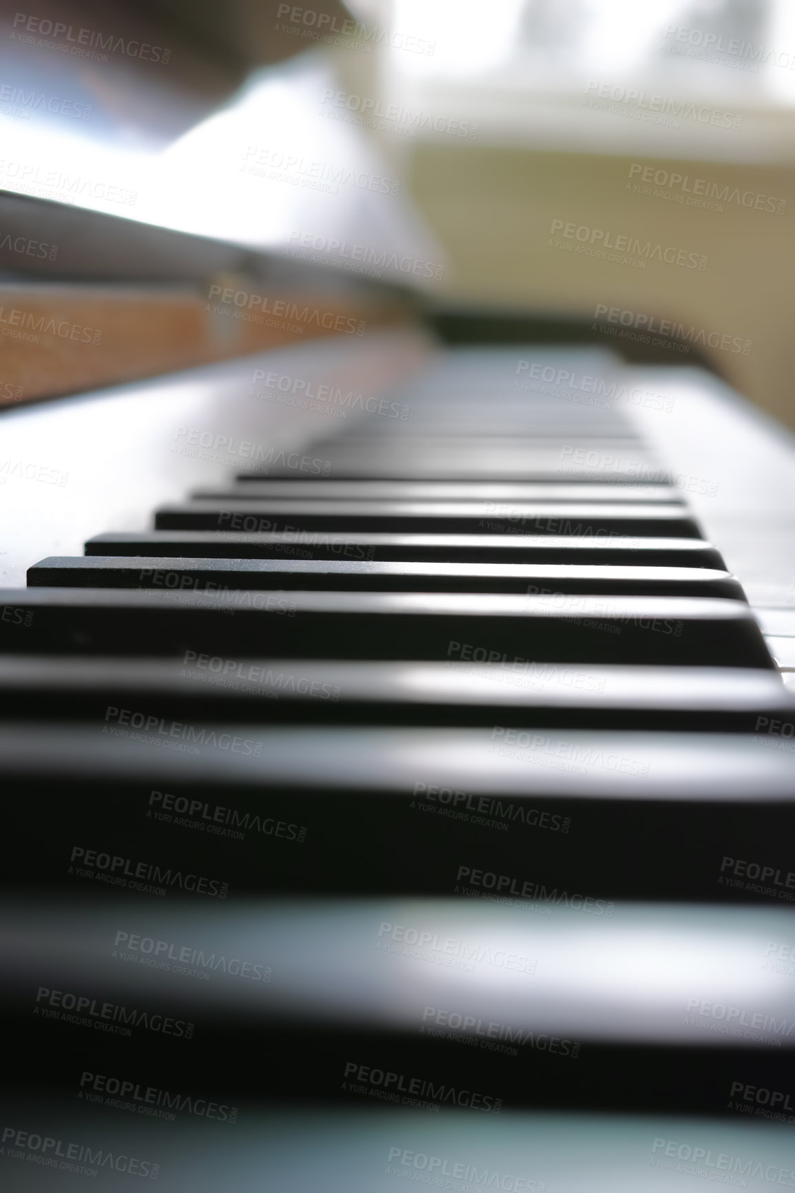 Buy stock photo Ivory and ebony piano keys on musical instrument used by musician to create and play relaxing symphony or classical song. Closeup and macro detail of creative talent equipment in home or music school