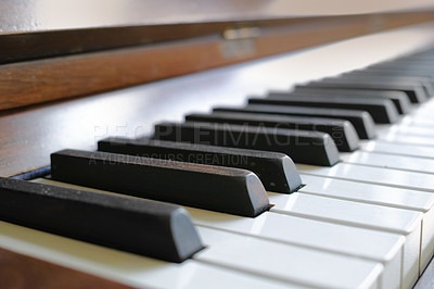 Buy stock photo Closeup of a vintage piano and keyboard for music. Zoom in on an antique and classic musical instrument for a talented musician to play or compose songs and a melody during a performance concert