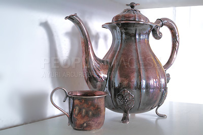 Buy stock photo Vintage coffee pot made of brass
