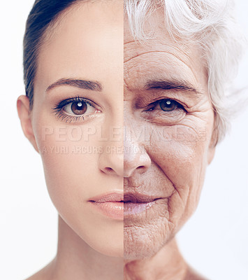 Buy stock photo Cropped composite image of a woman when she was young and old