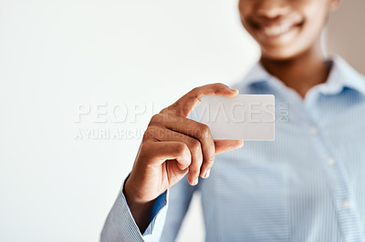 Buy stock photo Cropped shot of an unrecognizable woman holding a blank business card