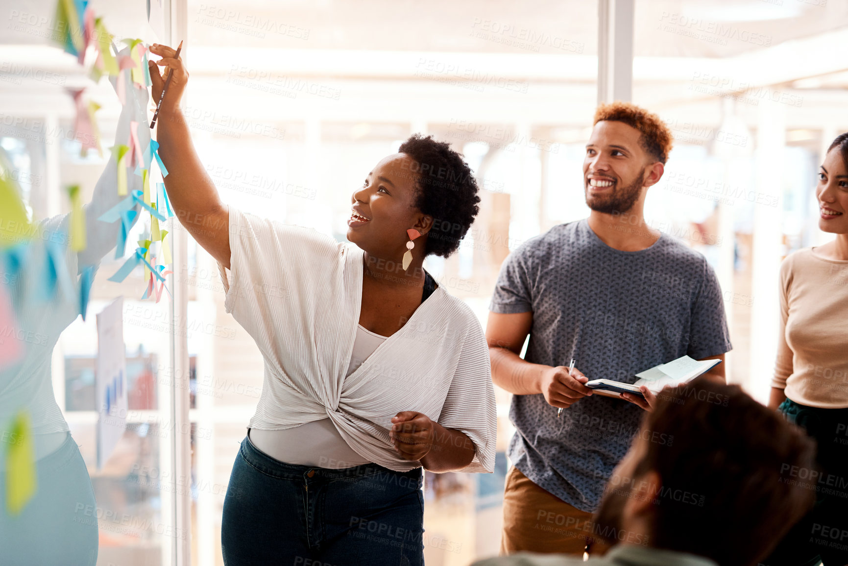 Buy stock photo Brainstorming, speaker and teamwork with black woman in meeting for coaching, branding and planning. Collaboration, goals and idea with business people in office for schedule, solution and moodboard 