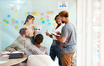 Buy stock photo Brainstorming, planning and teamwork with business people in meeting for speaker, branding and strategy. Collaboration, goals and idea with employees in office for schedule, solution and moodboard 