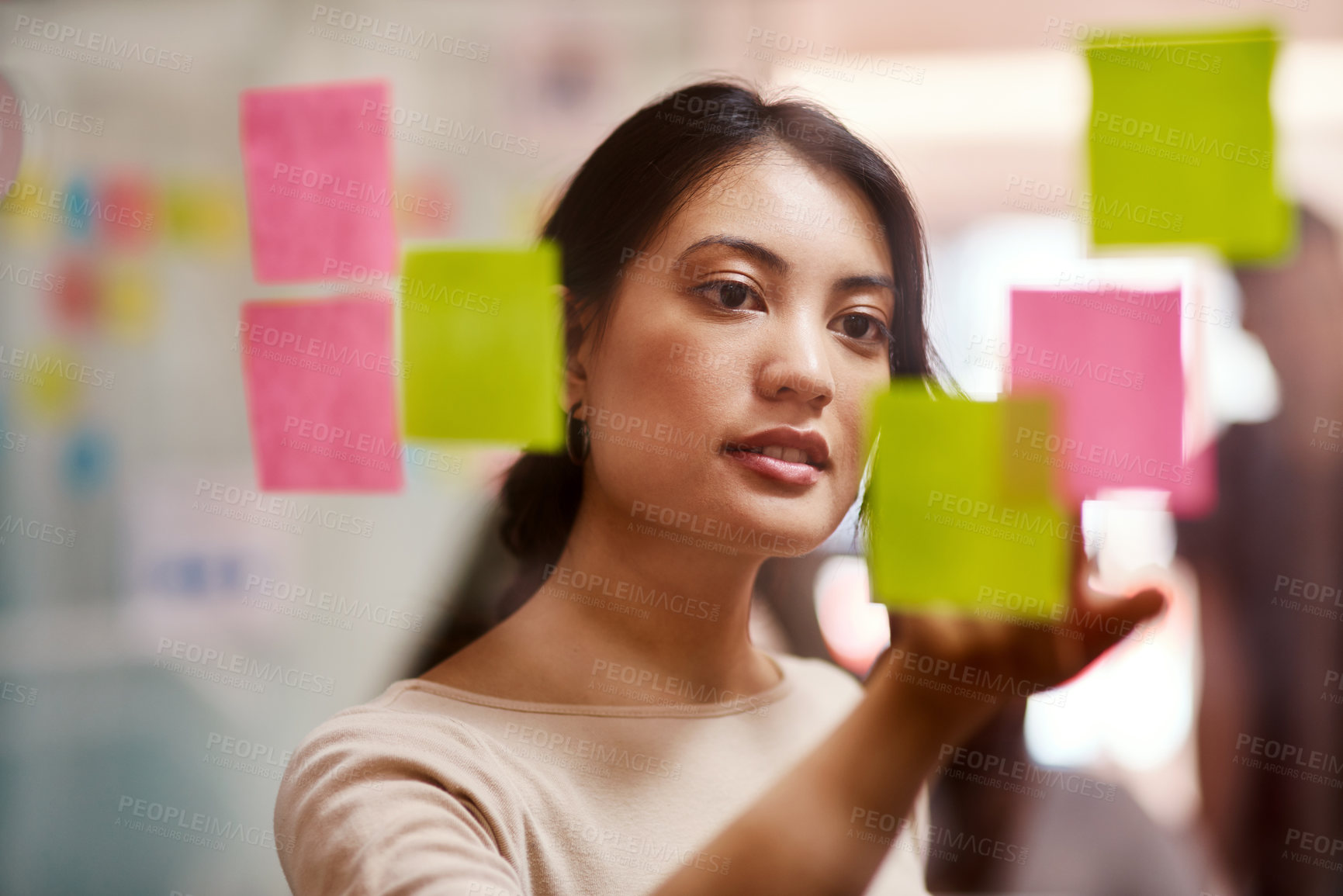 Buy stock photo Brainstorming, creative and planning with woman in office for sticky notes, branding and project management. Problem solving, goals and idea with female employee for schedule, solution and moodboard