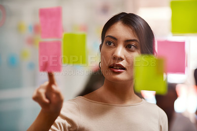 Buy stock photo Brainstorming, creative and moodboard with woman in meeting for speaker, branding and planning. Project management, goals and idea with female employee in office for schedule, solution and strategy