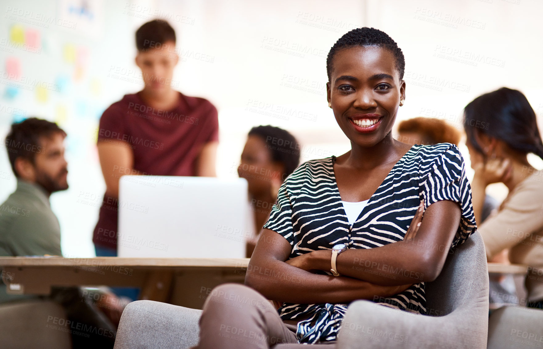 Buy stock photo Portrait, arms folded and happy business woman with pride, confidence and internship opportunity in startup. Face, smile and professional employee and creative content writer coworking in meeting
