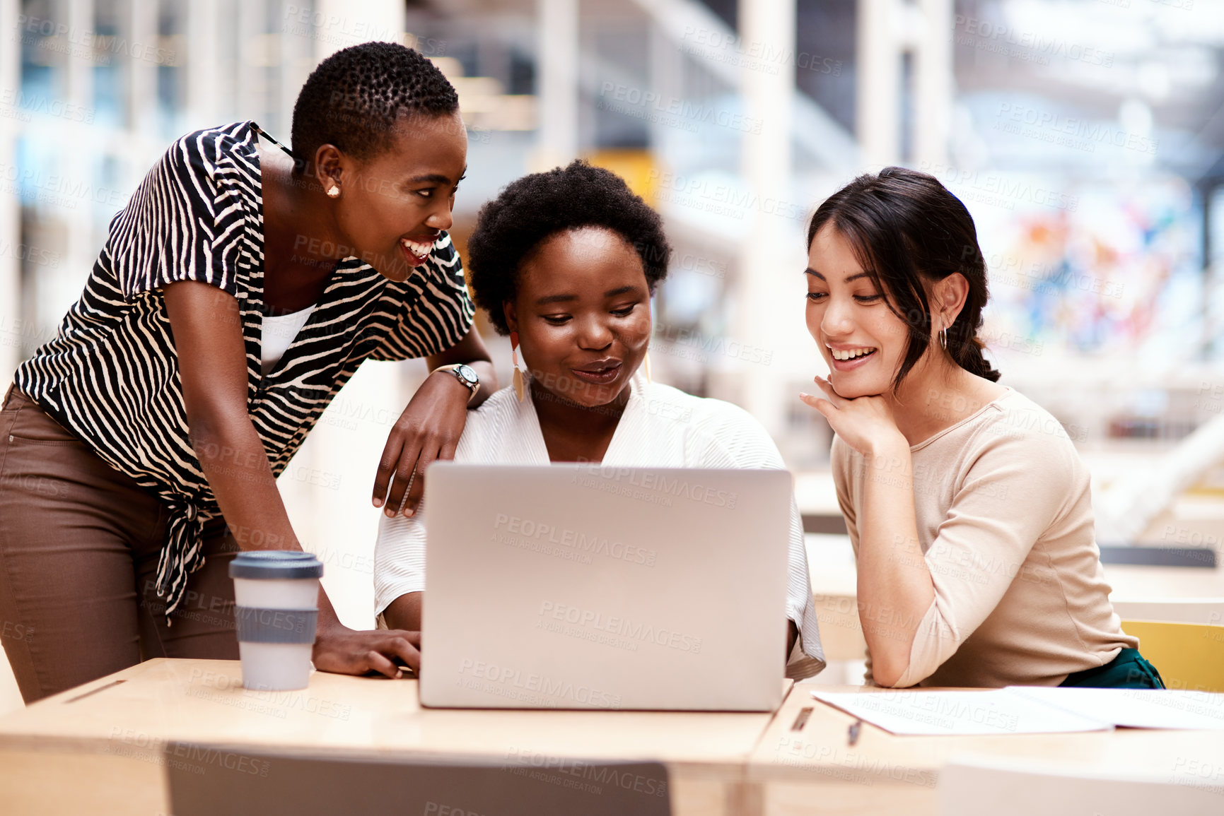 Buy stock photo Shot of a group of businesswomen working on a laptop together in an office