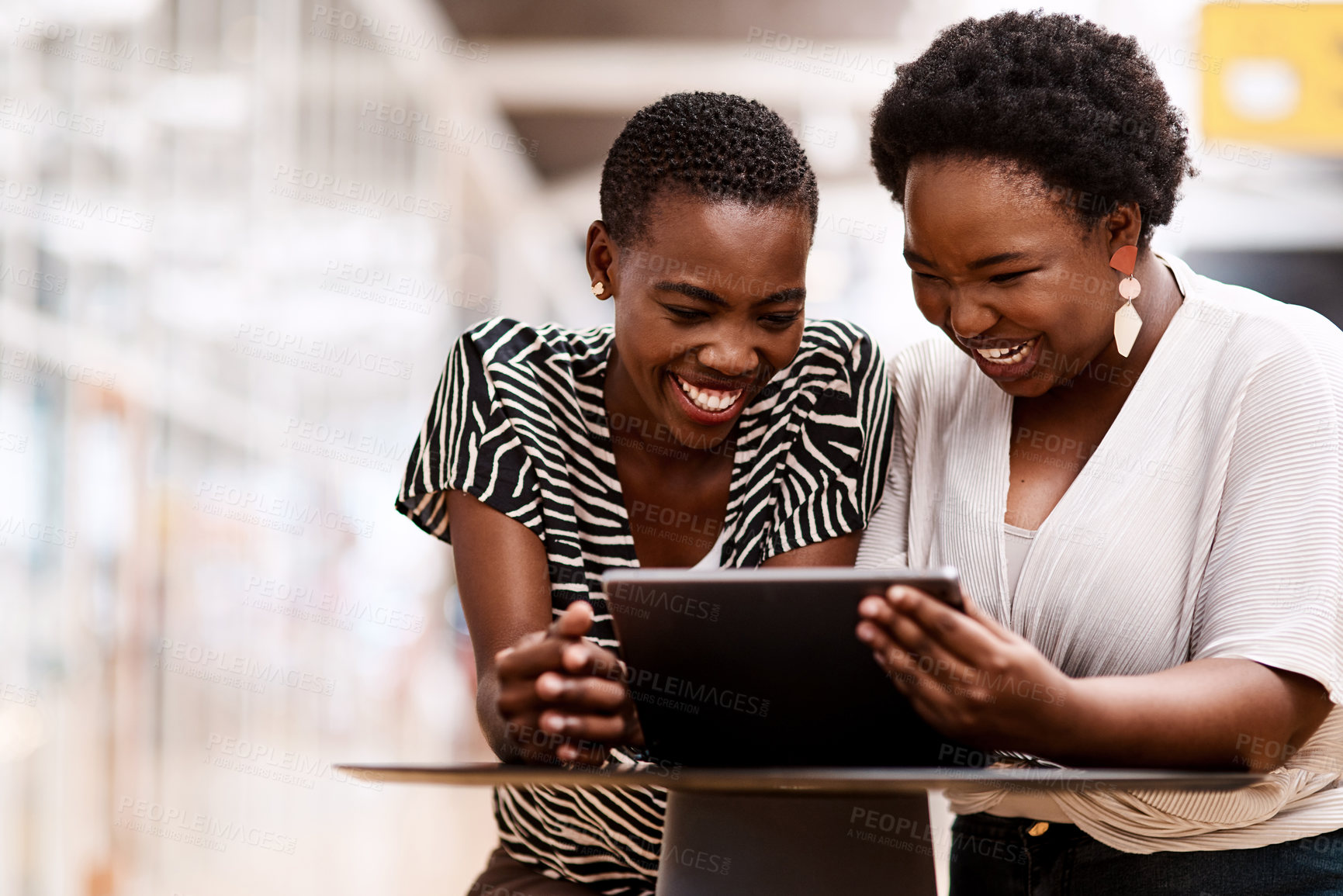 Buy stock photo Shot of two businesswomen using a digital tablet together in an office