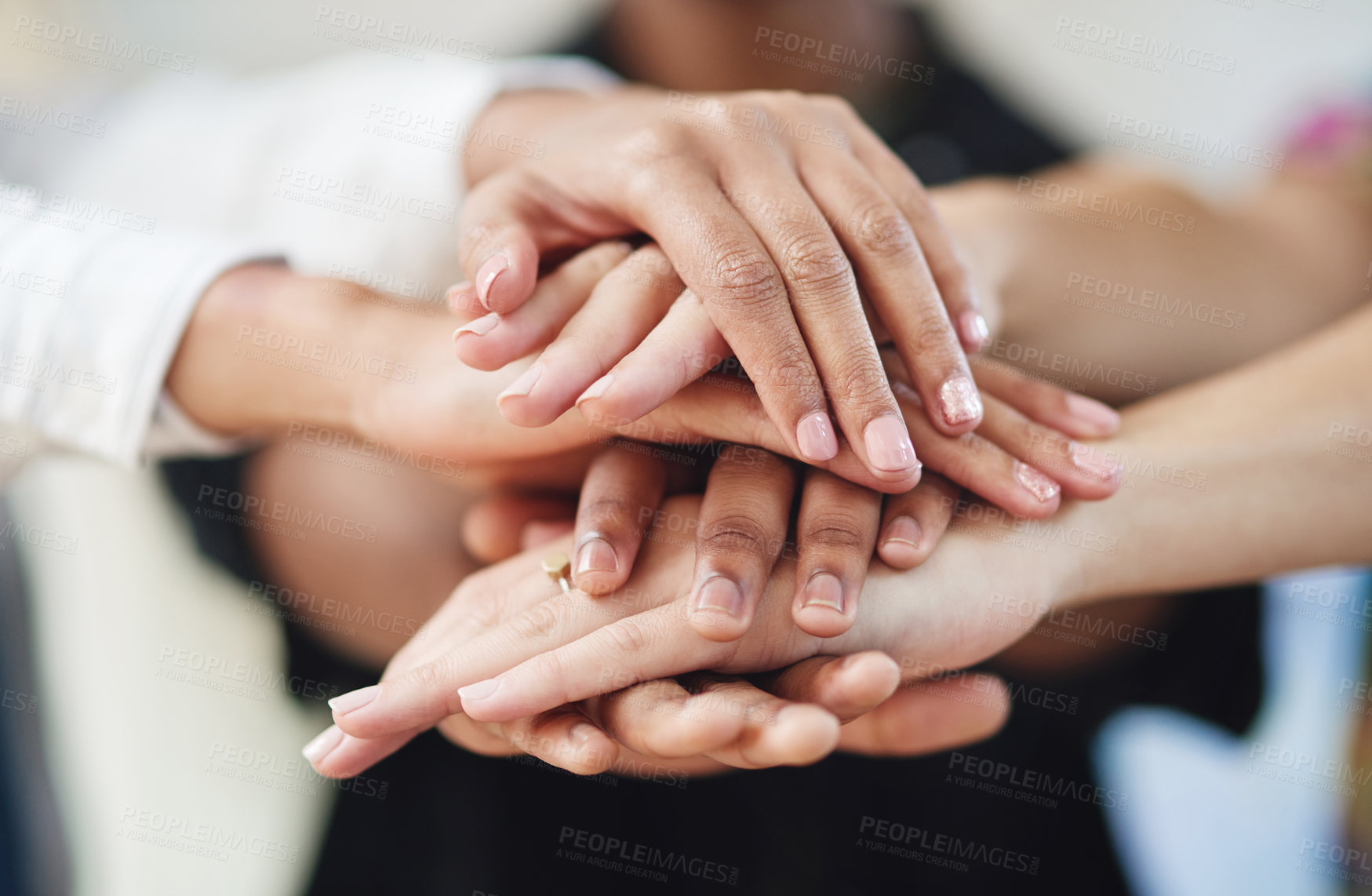 Buy stock photo People, hands and stack in office for teamwork, project motivation and synergy. Design group, huddle and coworkers in agency with support, colleague appreciation and creative collaboration in circle