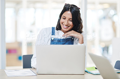 Buy stock photo Woman, laptop and plan for publishing in office, copywriter journalism and creative article. News, typing column and editing online for development in workplace, research and website for project