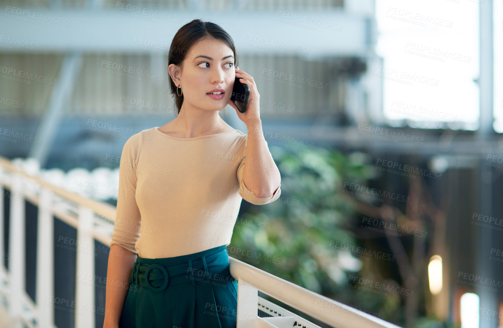 Buy stock photo Woman, outdoor phone call and discussion with client, copywriter journalism and creative article. News, quote column and editing story for development on office balcony, opportunity and plan project