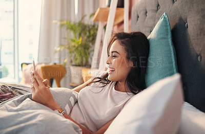 Buy stock photo House, relax and woman in bed, smartphone and typing with social media, network and internet. Apartment, person and girl with cellphone, checking notifications and morning with break, comfort and app