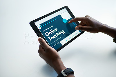 Buy stock photo Cropped shot of a man using a digital tablet to have an online lesson