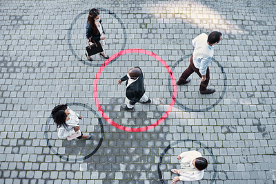 Buy stock photo Shot of a group of people wearing masks in the city with circles around them indicating Covid-19 tracing and transmission