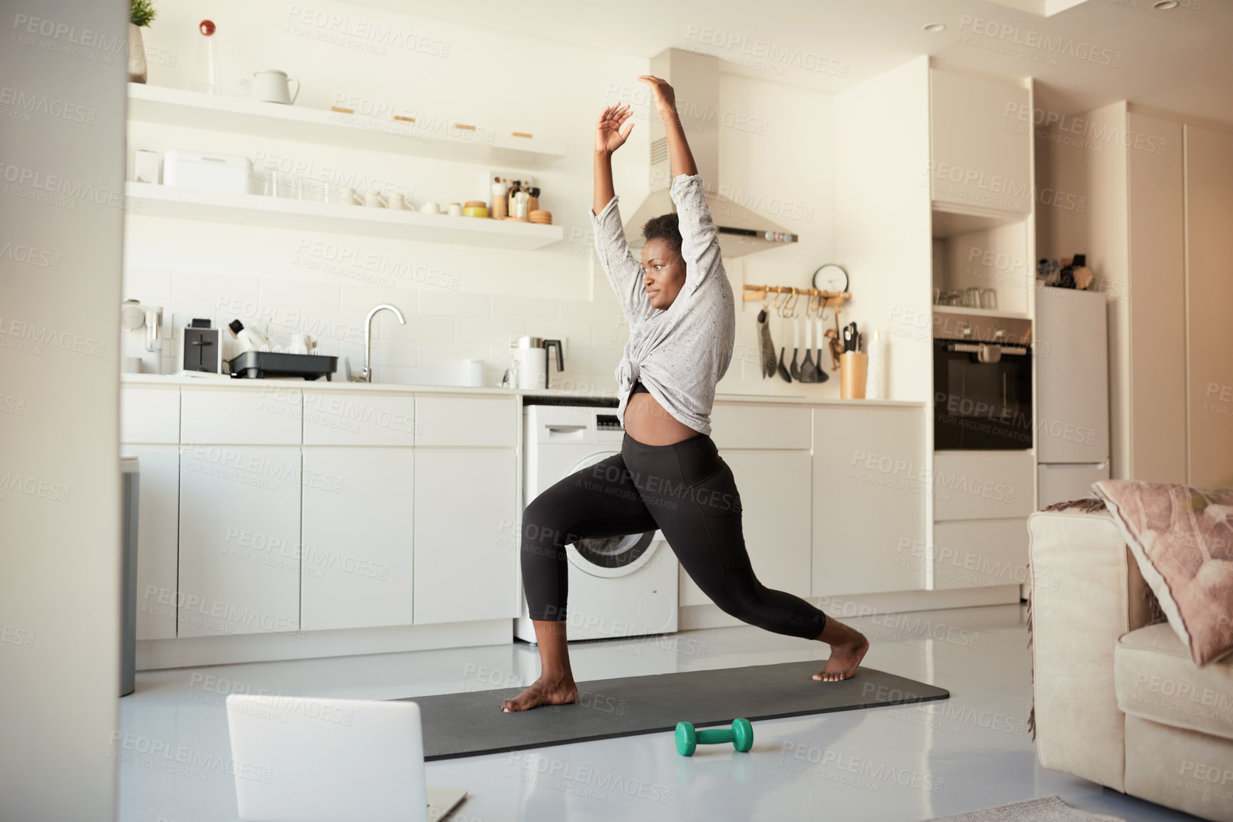 Buy stock photo Laptop, black woman and stretching with yoga, fitness and online class for wellness. African person, exercise and healthy girl with workout, pilates and house with balance, challenge and internet