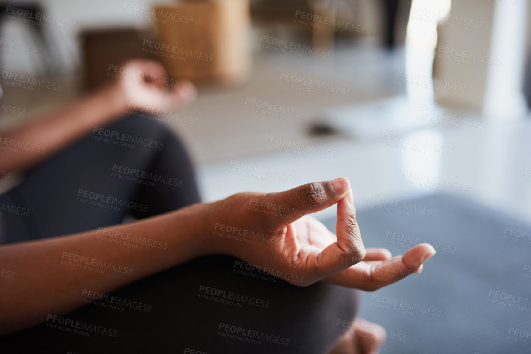 Buy stock photo Home, hands and person with zen for meditation, wellness and inner peace with energy by closeup. House, female yogi and balance with yoga for mindfulness, holistic awareness and chakra connection