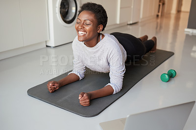 Buy stock photo Home, black woman and plank with laptop for training, online class and streaming video for fitness. Kitchen, happy person and balance with digital tutorial for exercise, wellness and tips in house