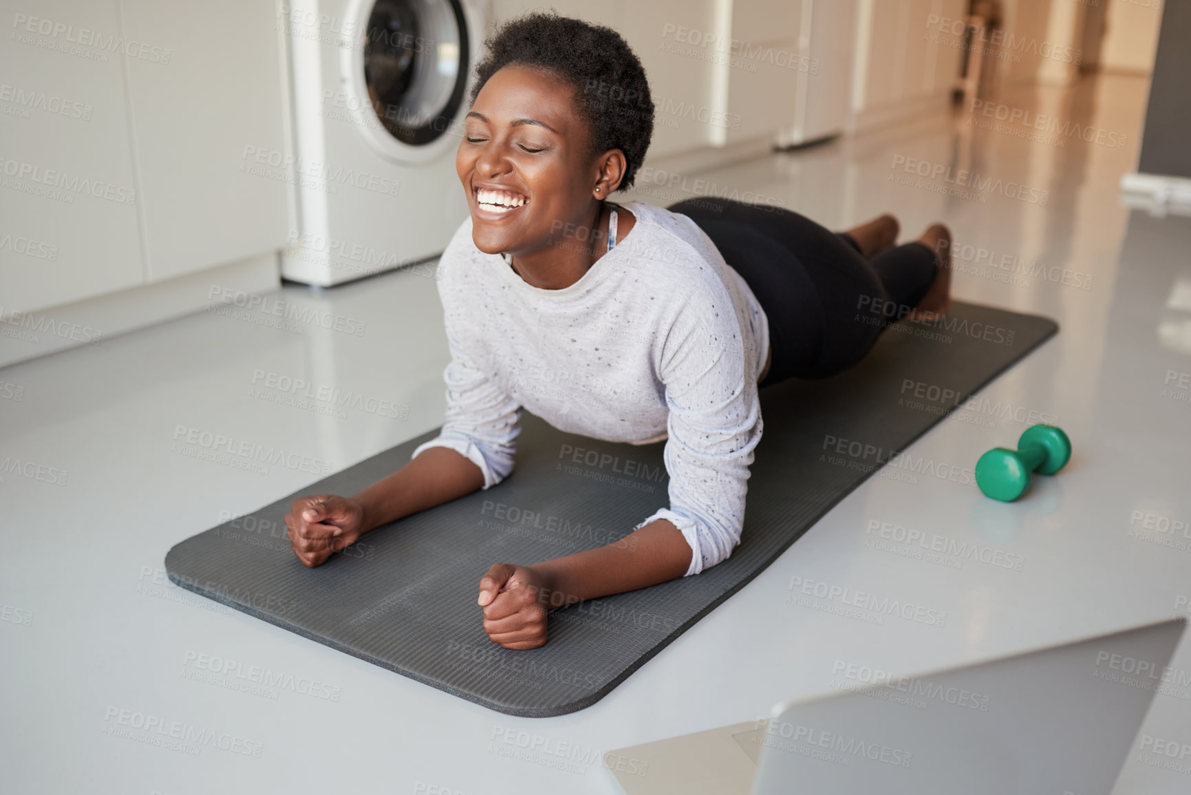 Buy stock photo Home, black woman and plank with laptop for training, online class and streaming video for fitness. Kitchen, happy person and balance with digital tutorial for exercise, wellness and tips in house