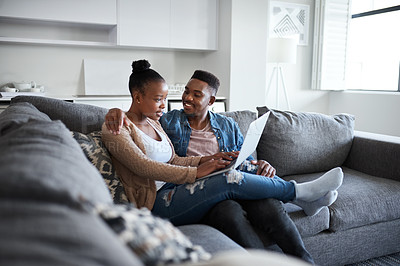 Buy stock photo Laptop, love or happy black couple in living room sofa, search for film or movie online website, internet in house. Smile, tech or man and woman bonding for networking, social media or home streaming