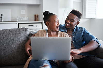 Buy stock photo Laptop, sofa and black couple relax while doing online web or internet search for romantic movie, show or subscription video. Love, bonding and marriage partnership of man and woman on cute home date