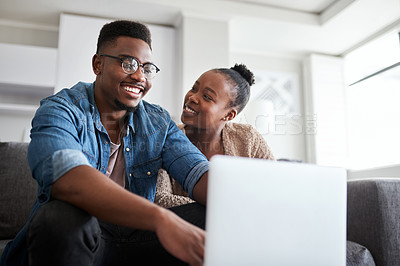 Buy stock photo Laptop, happy and internet with a black couple online, browsing social media or looking for a movie to watch. Ecommerce, computer and series with a man and woman in the home living room to relax