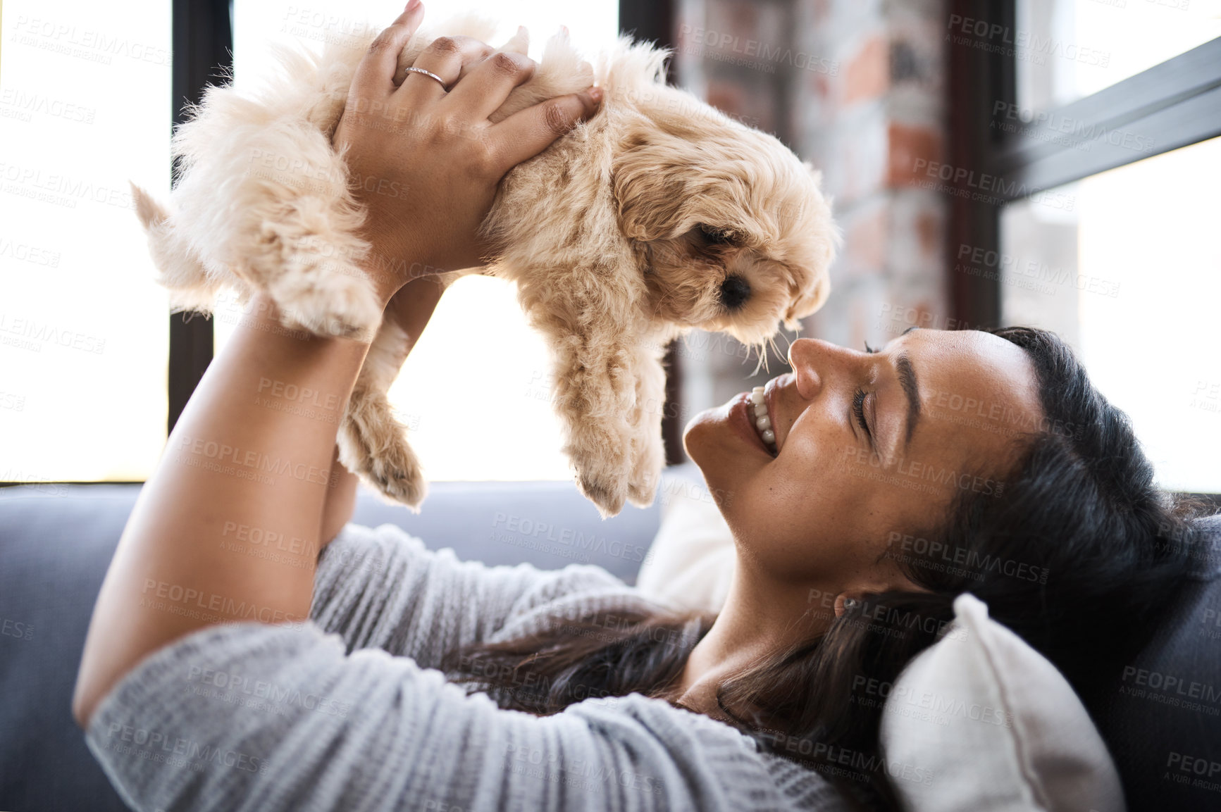 Buy stock photo Shot of a young woman relaxing with her dog at home