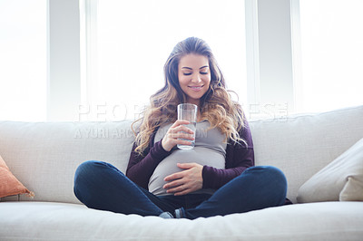 Buy stock photo Full length shot of an attractive young pregnant woman drinking water while sitting on the sofa at home