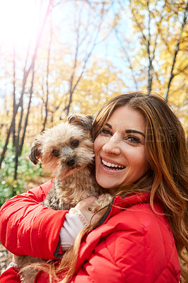 Buy stock photo Cropped portrait of an attractive young woman and her adorable little puppy in the forest during autumn