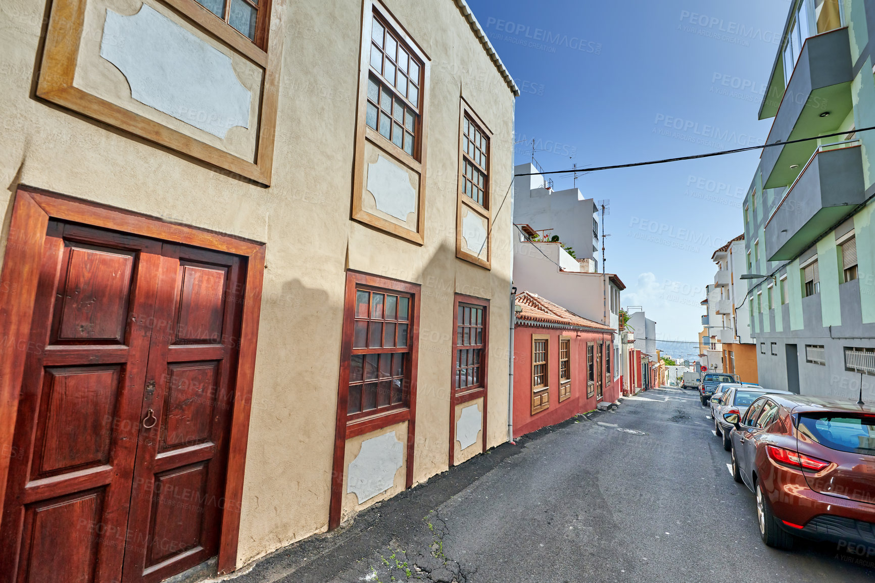 Buy stock photo Old colorful streets and houses of beautiful Santa Cruz, La Palma, Span