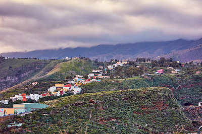 Buy stock photo The small town of Santa Cruz de La Palma in Spain. Beautiful landscape view of a city in the mountains and in the countryside. Scenic view of a residential area on an island for tourism and traveling