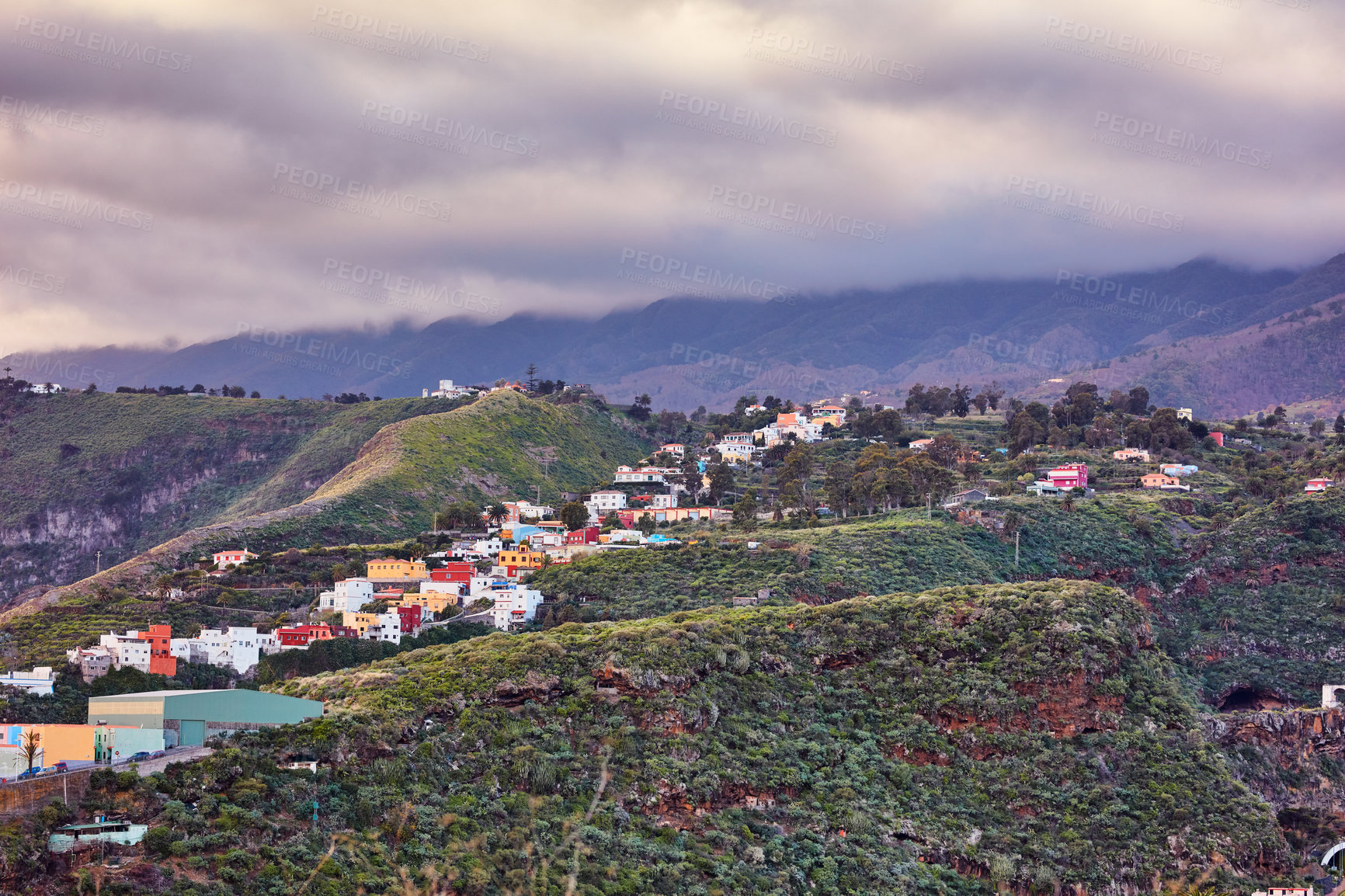 Buy stock photo The small town of Santa Cruz de La Palma in Spain. Beautiful landscape view of a city in the mountains and in the countryside. Scenic view of a residential area on an island for tourism and traveling