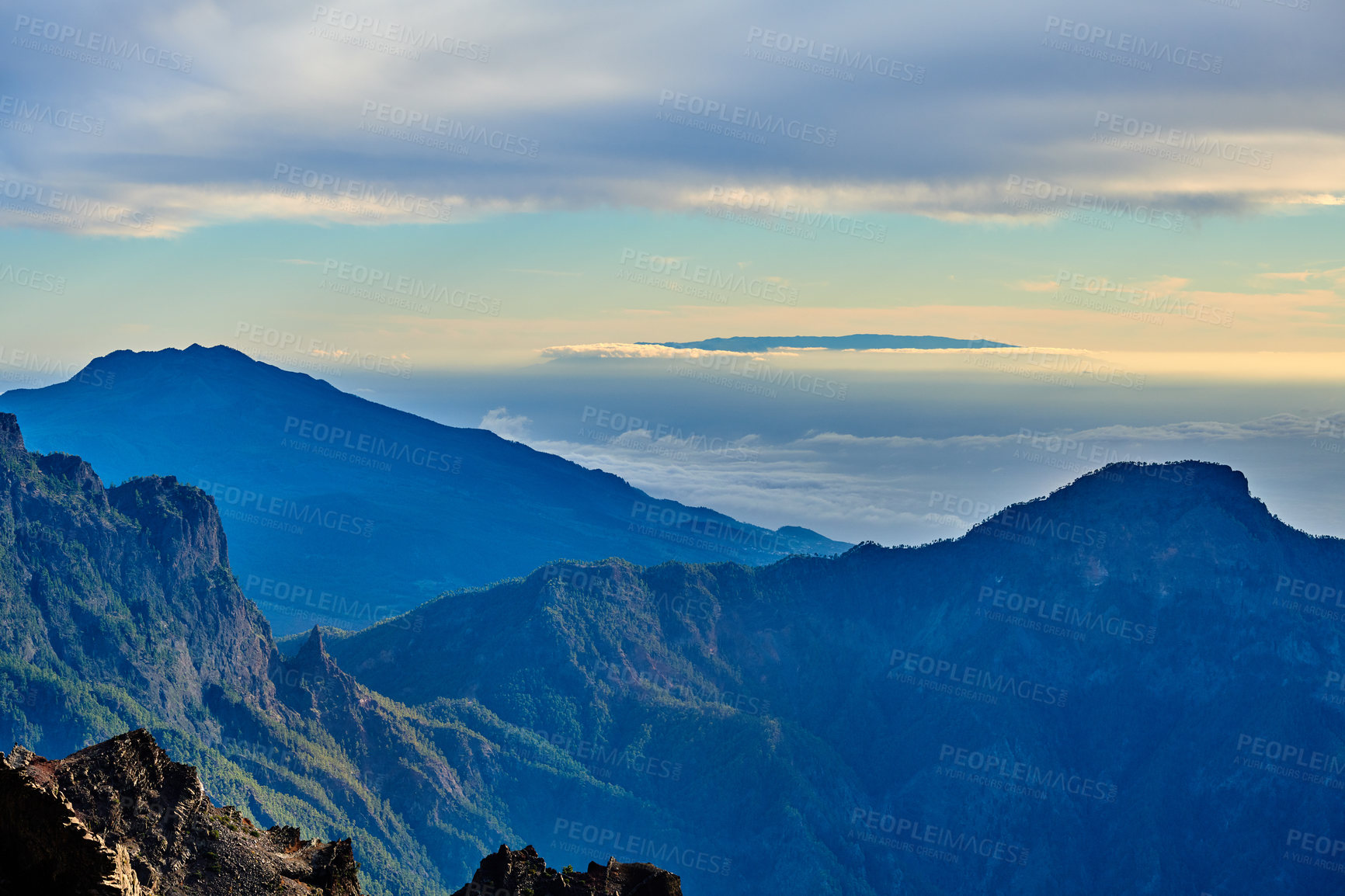 Buy stock photo The beautiful island of La Palma, Canary Islands in Spain in summer. Landscape copy space view of mountains and hills for hiking and adventure abroad. Scenic natural environment against a blue sky
