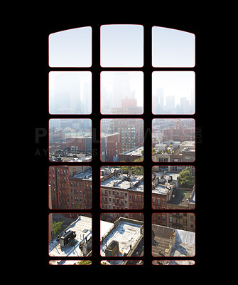 Buy stock photo City skyline from an apartment or office window on a bright sunny day. View from inside an empty dark penthouse or hotel room with square glass windows overlooking downtown residential buildings 