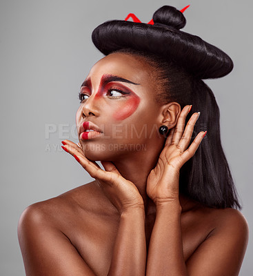 Buy stock photo Black woman, fashion and geisha makeup in studio for art, confidence or thinking on gray background. African female person, hands and Japanese style for glamour, attraction and elegance or cosmetics