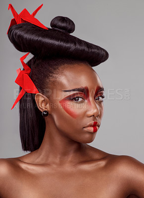 Buy stock photo Traditional, makeup and origami with portrait of black woman in studio for creative, cosmetics and asian aesthetic. Beauty, paper design and model for heritage, art and confidence on gray background
