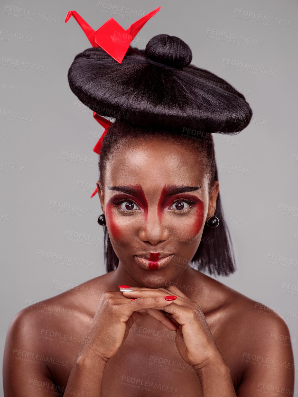 Buy stock photo Art deco, portrait and black woman with origami in studio for creative beauty on dark background. Face, makeup and skincare with African female person, traditional and Japanese paper for cosmetics