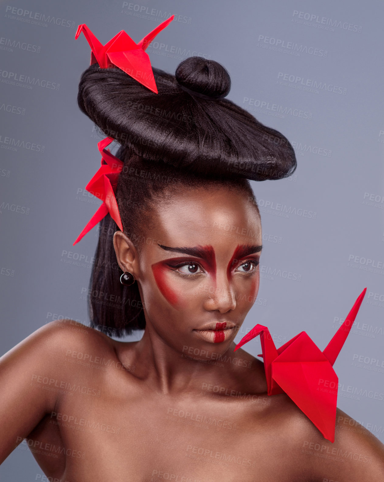 Buy stock photo Traditional, makeup and origami with black woman in studio for creative, cosmetics and asian aesthetic. Beauty, paper design and model for heritage, art and confidence on gray background