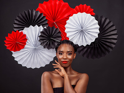 Buy stock photo Black woman, origami fans and beauty with aesthetic fashion, makeup and art for culture isolated in studio. Female person or african model and traditional japanese craft with creative paper design