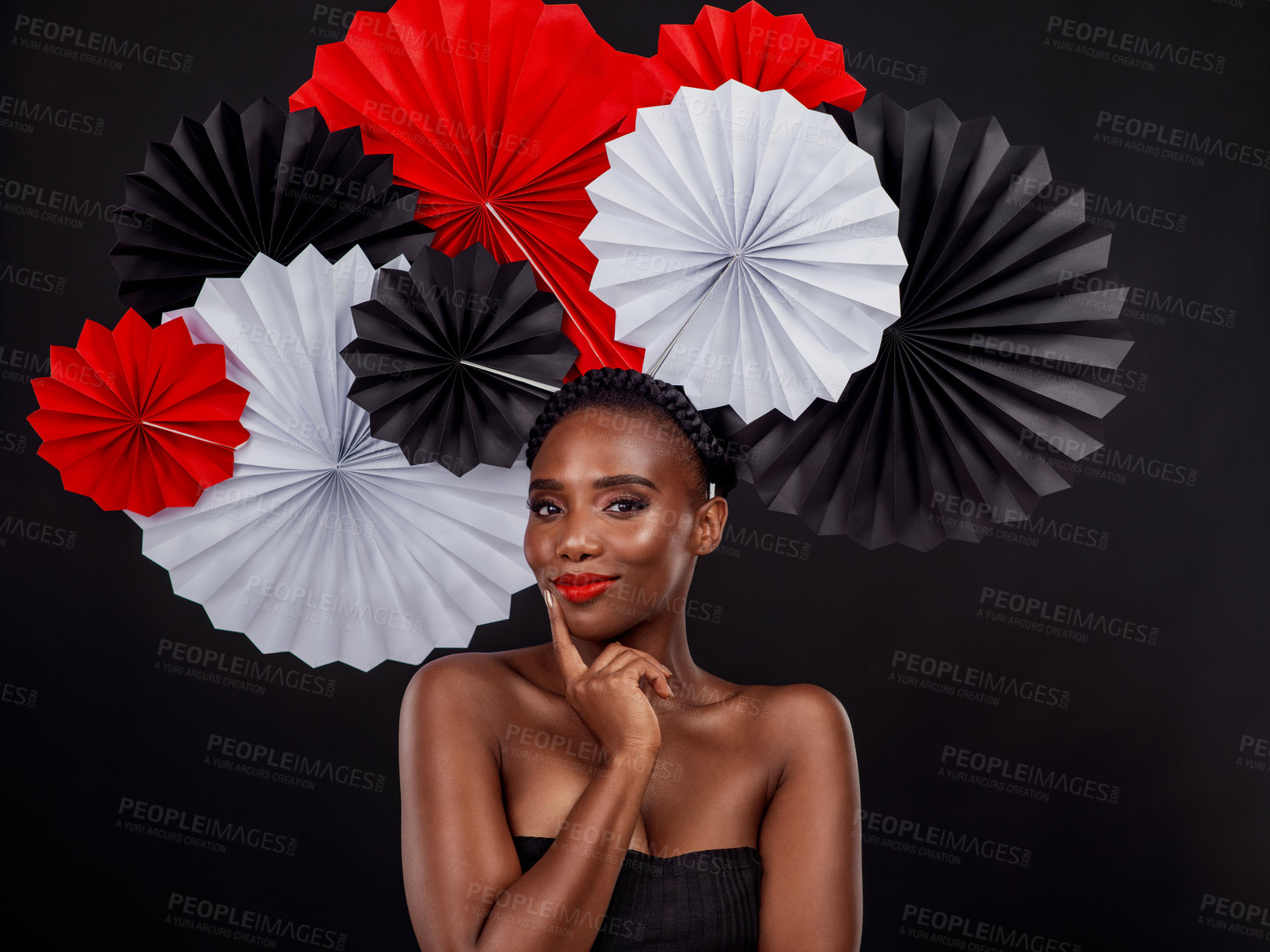 Buy stock photo Beauty, portrait and black woman with origami fans in studio isolated on a dark background. Face, makeup cosmetics and skincare of female model with traditional Japanese paper art for culture hat.