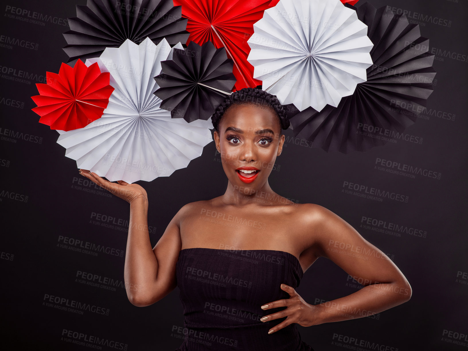 Buy stock photo Portrait, African woman and origami on hair in studio background for fashion with expression, art and decor. Female person, artist and glamour for creative, beauty or design with pride or confidence
