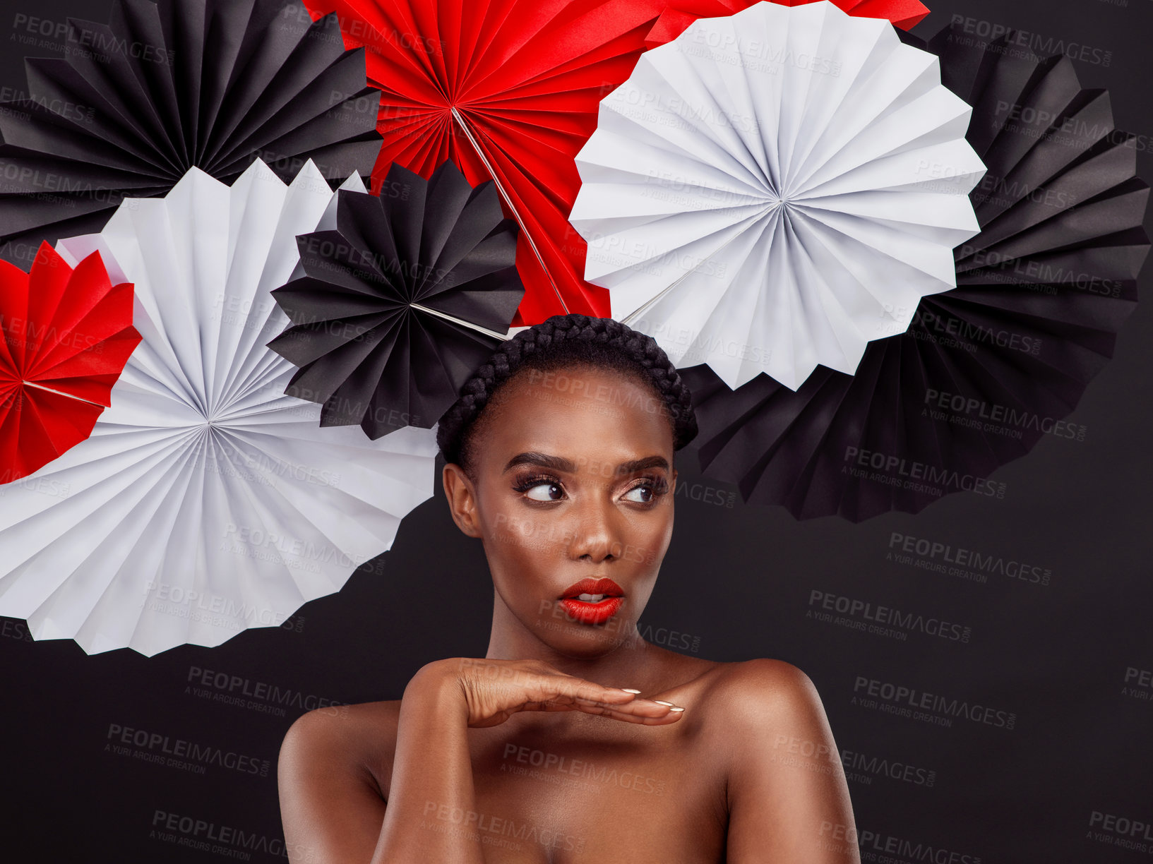 Buy stock photo Black woman, fashion and fans in studio with makeup, origami and creative for backdrop. Model, background and cosmetic care for treatment, hand on chin with vision or dermatology for wellness
