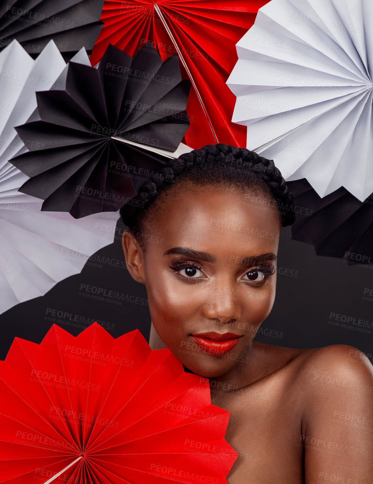 Buy stock photo Portrait, makeup and black woman with origami fans, beauty and confident girl against black background. Face, female person or model with paper art, artistic and creativity with cosmetics and fantasy