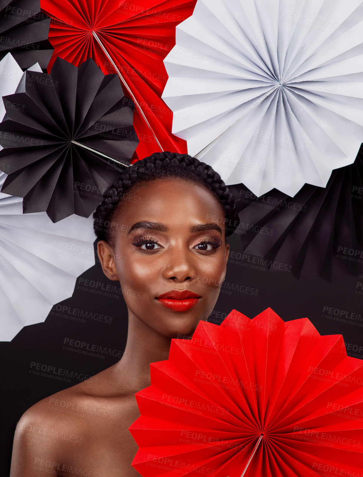 Buy stock photo Portrait, beauty and black woman with origami fans, cosmetics and artistic girl against black background. Face, female person or model with paper art, creativity or skincare with design and confident