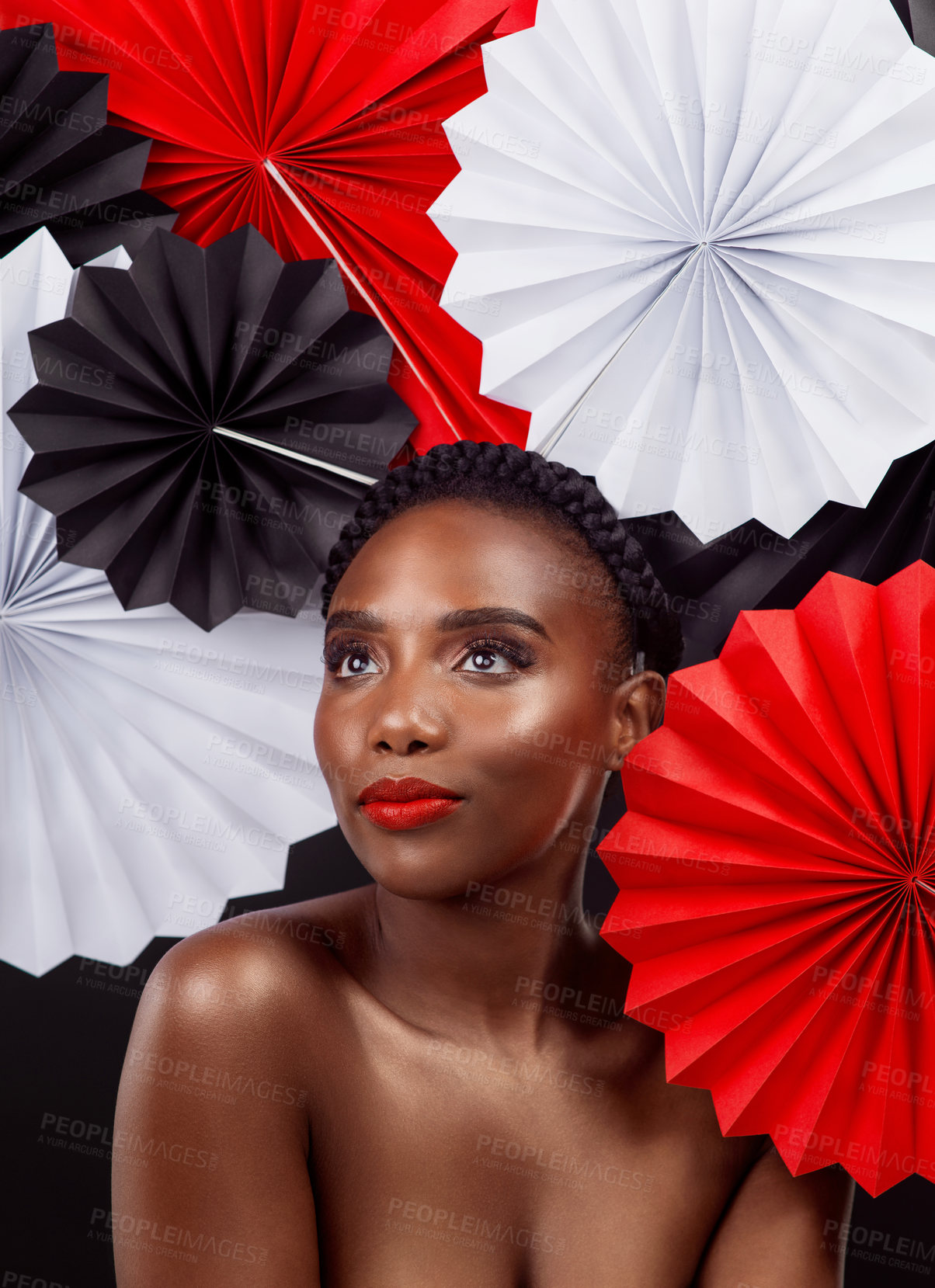 Buy stock photo Cosmetic, origami fans or black woman for beauty in studio for creative, art or culture. Traditional, makeup or paper design with female model by dark background for face, Japanese aesthetic or color