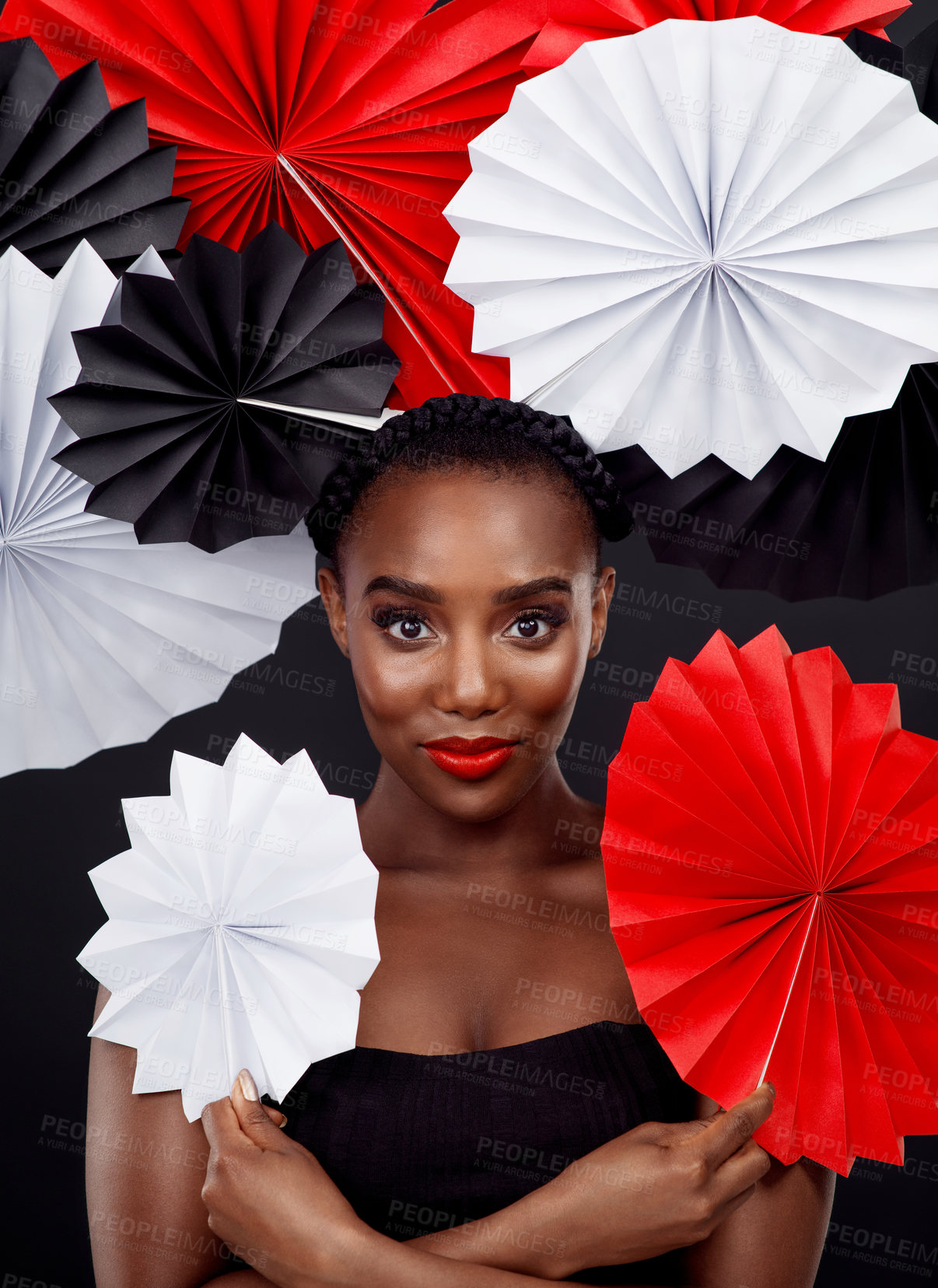 Buy stock photo African woman, origami fans and portrait with art deco for creative makeup by dark background. Culture fusion, beauty and female model with oriental craft, traditional and paper on studio backdrop