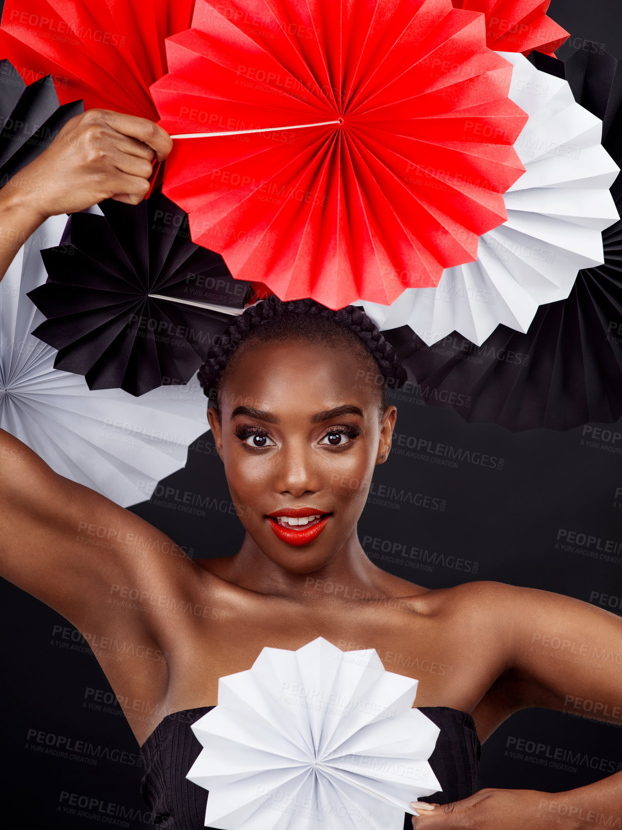 Buy stock photo Beauty, origami fans and portrait of African woman with art deco by dark background. Creative makeup, cosmetics and Black female model with oriental craft, paper and aesthetic on studio backdrop