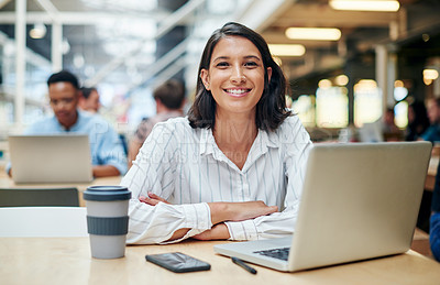 Buy stock photo Happy woman, portrait and business with laptop for internship, content creation or research and development at office. Young female person or journalist with smile or coffee on computer at workplace