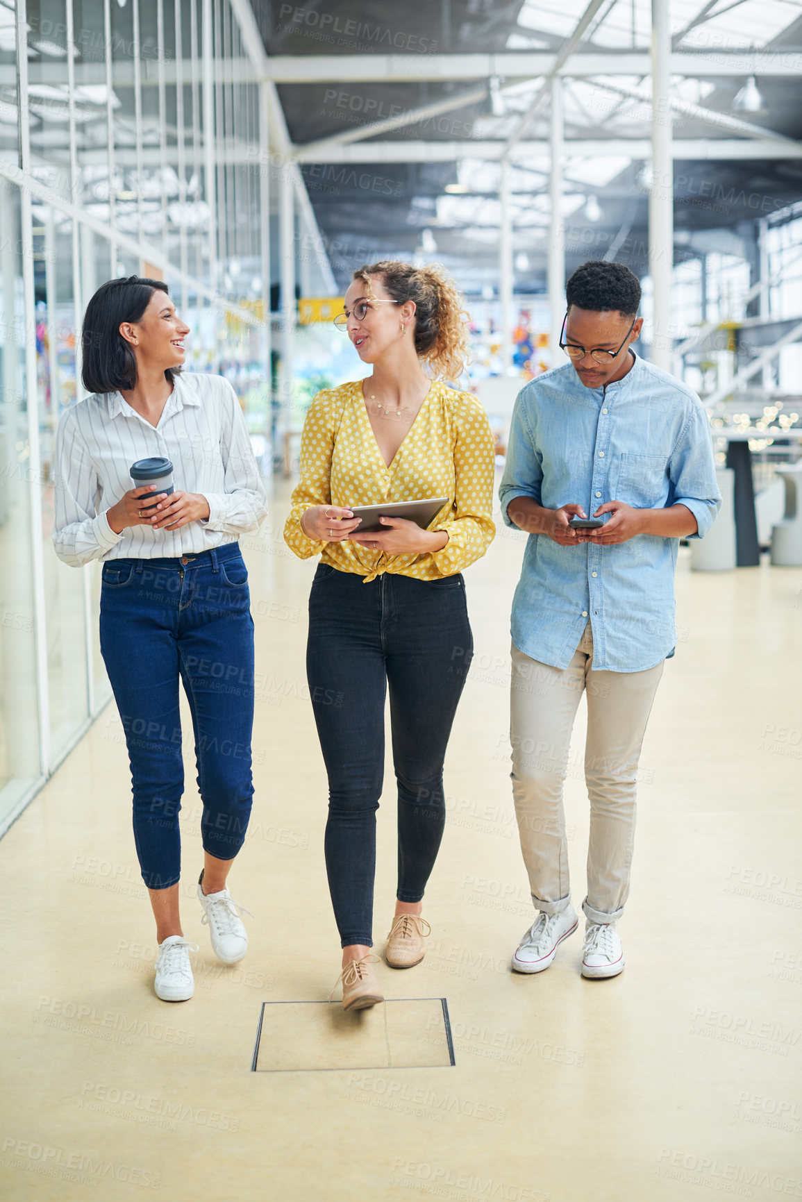 Buy stock photo Business people, walking and team talking in office, creative collaboration and planning on tech. Employees, brainstorming and coffee cup in workplace meeting, communication and project management