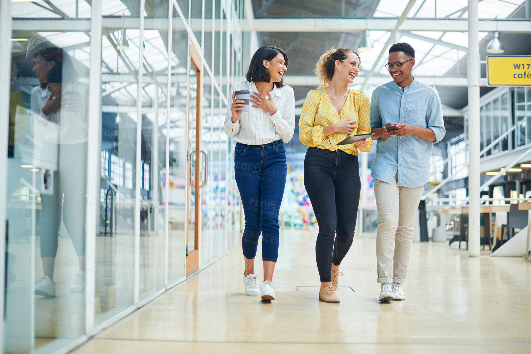 Buy stock photo Walking, discussion and business people in office laughing, bonding and talking on lunch break. Happy, friends and group of creative directors with coffee, tablet and phone in workplace together.